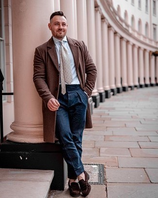 Light Blue Dress Shirt Chill Weather Outfits For Men: This classy combo of a light blue dress shirt and navy dress pants is a popular choice among the sartorially superior chaps. To give your getup a more casual feel, complement your look with dark brown suede loafers.