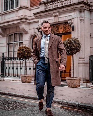 Beige Print Tie Outfits For Men: A brown overcoat and a beige print tie are absolute must-haves if you're putting together a refined closet that holds to the highest sartorial standards. For something more on the daring side to complete your outfit, complete this ensemble with dark brown suede loafers.