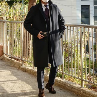 Dark Brown Suede Desert Boots Cold Weather Outfits: This is hard proof that a charcoal overcoat and black dress pants look awesome when paired together in a polished look for a modern dandy. And if you need to instantly tone down this ensemble with shoes, introduce dark brown suede desert boots to the equation.