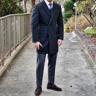 Charcoal Dress Pants Outfits For Men: For masculine refinement with a modern spin, try teaming a navy vertical striped overcoat with charcoal dress pants. If you wish to easily dress down this outfit with shoes, complement this ensemble with a pair of dark brown suede desert boots.