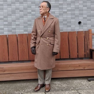 Men's Brown Overcoat, White Dress Shirt, Grey Wool Dress Pants, Brown Leather Casual Boots