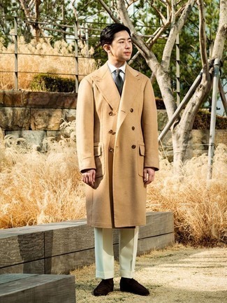 Camel Overcoat Warm Weather Outfits: You're looking at the indisputable proof that a camel overcoat and white dress pants are amazing when combined together in a polished getup for a modern man. You can get a little creative with shoes and add dark brown suede loafers to your outfit.