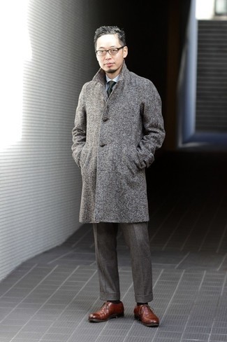 Men's Grey Check Overcoat, Light Blue Vertical Striped Dress Shirt, Charcoal Dress Pants, Brown Leather Oxford Shoes