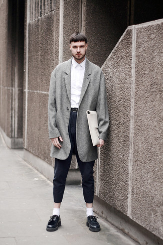 Plaid Double Breasted Wool Overcoat Gray