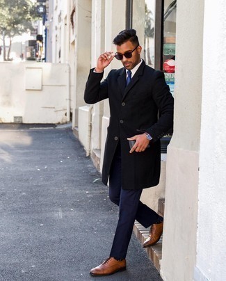 Navy and White Polka Dot Socks Outfits For Men: This combo of a black overcoat and navy and white polka dot socks looks amazing and makes any man look infinitely cooler. Feeling venturesome today? Dress up your ensemble by sporting brown leather oxford shoes.