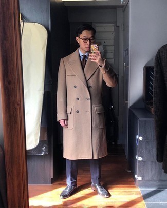 1200+ Cold Weather Outfits For Men: Consider pairing a camel overcoat with navy vertical striped dress pants if you're aiming for a clean, smart outfit. Bump up this whole ensemble by sporting a pair of black leather brogues.
