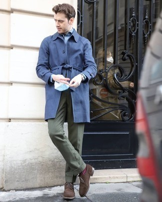 Dark Brown Suede Brogues Outfits: Pairing a navy overcoat with olive dress pants is a great idea for a dapper and sophisticated getup. Introduce dark brown suede brogues to the mix to keep the outfit fresh.