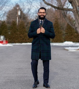Navy and Green Horizontal Striped Tie Outfits For Men: Combining a navy and green plaid overcoat with a navy and green horizontal striped tie is a good option for a sharp and elegant getup. Demonstrate your mellow side by finishing off with black leather brogues.