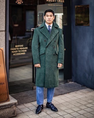 Navy and White Monks Outfits: A dark green overcoat and blue jeans worn together are a perfect match. A nice pair of navy and white monks is an easy way to give a dose of sophistication to your outfit.