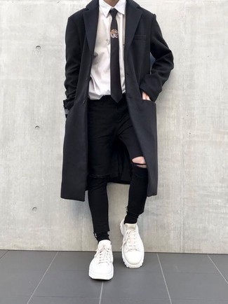 Black and White Embroidered Tie Outfits For Men: You'll be amazed at how easy it is to get dressed like this. Just a black overcoat worn with a black and white embroidered tie. Introduce white leather low top sneakers to the equation to inject a dash of stylish effortlessness into this look.