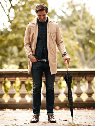 White and Black Gingham Long Sleeve Shirt Outfits For Men: If you're a fan of casual combos, then you'll love this combination of a white and black gingham long sleeve shirt and navy jeans. Bring an elegant twist to this outfit by slipping into a pair of brown leather derby shoes.