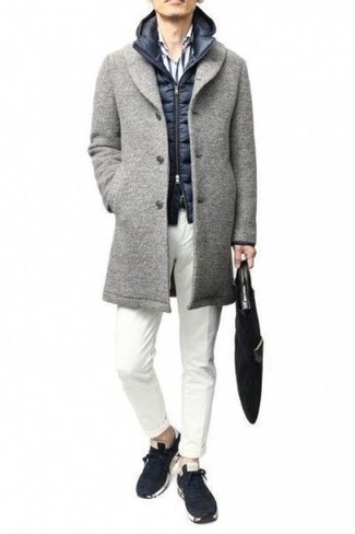 Men's Grey Overcoat, Navy Quilted Gilet, White and Navy Vertical Striped Long Sleeve Shirt, White Chinos