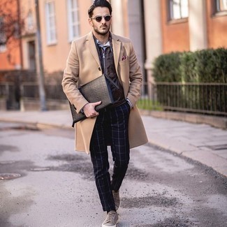 Brown Suede Low Top Sneakers Outfits For Men: You'll be amazed at how super easy it is for any gentleman to get dressed this way. Just a camel overcoat paired with navy check chinos. A trendy pair of brown suede low top sneakers is a simple way to infuse a sense of stylish casualness into this ensemble.