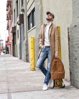 Brown Suede Backpack Outfits For Men: This combo of a camel overcoat and a brown suede backpack is a safe and very fashionable bet. Complement your ensemble with a pair of white low top sneakers and ta-da: this ensemble is complete.