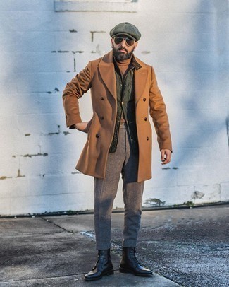 Dark Green Flat Cap Outfits For Men: You'll be amazed at how easy it is for any gent to throw together a bold casual outfit like this. Just a tobacco overcoat and a dark green flat cap. To add a bit of depth to this look, opt for black leather casual boots.