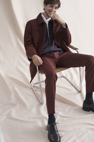 Burgundy Overcoat Outfits: This pairing of a burgundy overcoat and burgundy chinos is a must-try casually polished ensemble for any modern man. Step up your look with a pair of black leather derby shoes.