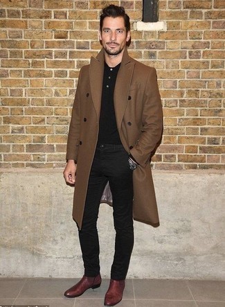 Burgundy Leather Chelsea Boots Outfits For Men: For an outfit that's absolutely camera-worthy, pair a brown overcoat with black chinos. For something more on the sophisticated end to finish your outfit, introduce burgundy leather chelsea boots to the equation.