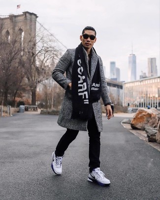 Charcoal Herringbone Overcoat Outfits: A charcoal herringbone overcoat and black jeans are an easy way to introduce some refinement into your casual styling repertoire. Complete your outfit with a pair of white and navy leather high top sneakers to inject a dose of stylish nonchalance into this outfit.