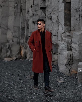 Men's Red Overcoat, Black Henley Shirt, Navy Jeans, Black Leather Casual Boots