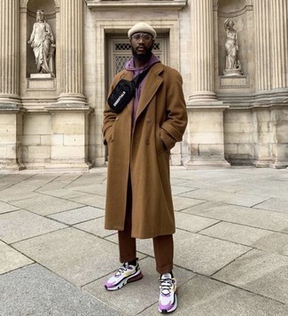 Men's Brown Overcoat, Purple Hoodie, Brown Chinos, White and Purple Athletic Shoes