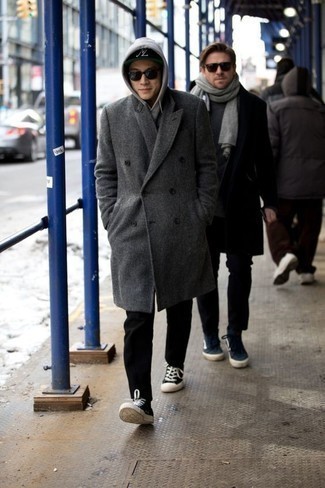Charcoal Overcoat Outfits: A charcoal overcoat and black chinos paired together are a sartorial dream for those who love casually sleek styles. Finishing off with black and white canvas low top sneakers is an effortless way to infuse a more casual touch into this ensemble.