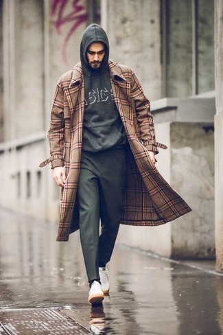 Dark Green Chinos Outfits: A brown plaid overcoat and dark green chinos matched together are a savvy match. Our favorite of an infinite number of ways to finish off this look is a pair of white canvas low top sneakers.