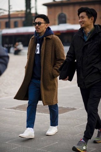 Dark Brown Overcoat Outfits: A dark brown overcoat and navy chinos are an easy way to infuse some manly elegance into your current outfit choices. Add a more relaxed feel to by finishing off with a pair of white canvas low top sneakers.