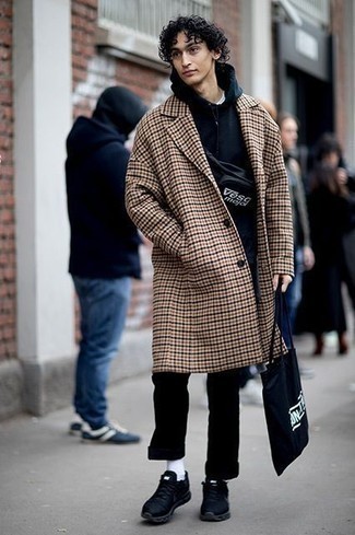 Black Canvas Fanny Pack Outfits For Men: For an off-duty outfit with a twist, go for a camel gingham overcoat and a black canvas fanny pack. Let your styling credentials truly shine by rounding off this look with black athletic shoes.