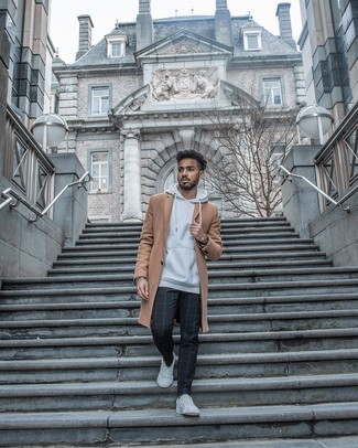 Camel Overcoat Cold Weather Outfits: A camel overcoat and black plaid chinos make for the perfect base for an outfit. Feeling experimental? Dial down this outfit by slipping into white canvas low top sneakers.