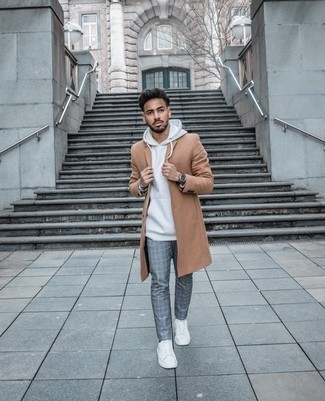 Men's Camel Overcoat, White Hoodie, Grey Plaid Chinos, White and Black Canvas Low Top Sneakers