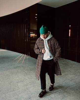 Green Beanie Outfits For Men: Something as simple as opting for a multi colored plaid overcoat and a green beanie can actually help you stand out. Dark brown leather tassel loafers will effortlessly smarten up even your most comfortable clothes.