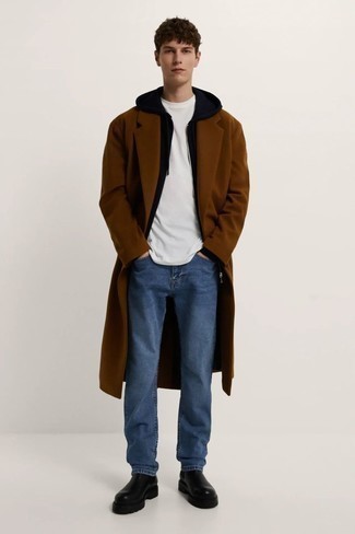 Brown Overcoat Outfits: This combination of a brown overcoat and navy jeans might pack a punch, but it's extremely easy to wear too. A pair of black leather chelsea boots instantly bumps up the wow factor of your look.