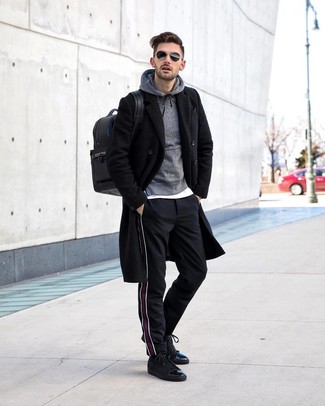 Black Leather Backpack Outfits For Men: A black overcoat and a black leather backpack are the kind of a no-brainer off-duty look that you need when you have zero time. Black leather high top sneakers are a fail-safe footwear style here that's also full of personality.