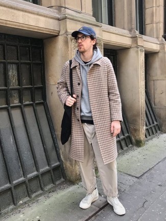 Beige Chinos Chill Weather Outfits: This combo of a camel houndstooth overcoat and beige chinos is a never-failing option when you need to look stylish but have no extra time to dress up. A pair of white canvas high top sneakers will easily dial down an all-too-dressy ensemble.