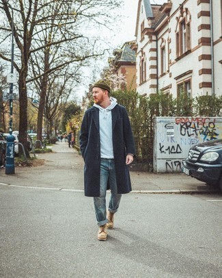 Blue Overcoat Outfits: This combo of a blue overcoat and blue ripped jeans is proof that a safe casual look doesn't have to be boring. Jazz up your ensemble by slipping into a pair of beige suede casual boots.