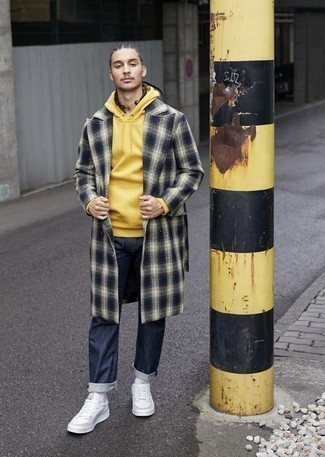 Navy Plaid Overcoat Outfits: One of the best ways for a man to style out such a hard-working piece as a navy plaid overcoat is to team it with navy jeans. And if you need to instantly dress down your outfit with a pair of shoes, complete this outfit with white canvas low top sneakers.