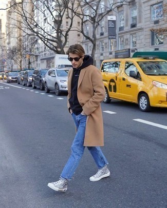 Grey Print Canvas High Top Sneakers Outfits For Men: The pairing of a camel overcoat and blue jeans makes for a really put together ensemble. Here's how to dial down this ensemble: grey print canvas high top sneakers.