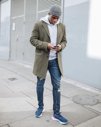 Men's Olive Overcoat, Grey Hoodie, Navy Ripped Jeans, Navy and White ...