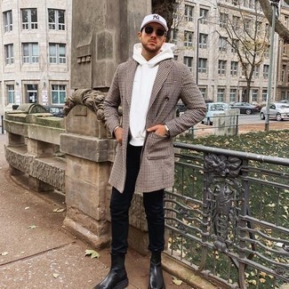 White Print Baseball Cap Outfits For Men: If the situation allows an off-duty ensemble, consider teaming a white and black houndstooth overcoat with a white print baseball cap. Let your styling prowess really shine by rounding off with a pair of black leather chelsea boots.