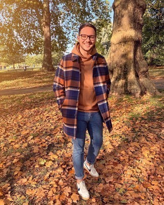 Men's Multi colored Plaid Overcoat, Tobacco Hoodie, Blue Jeans, White and Navy Canvas Low Top Sneakers