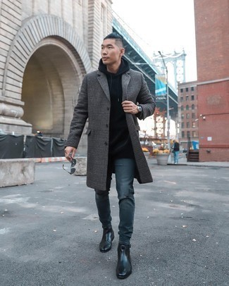 Charcoal Overcoat Outfits: Wear a charcoal overcoat with charcoal ripped jeans to create a casual and cool ensemble. A pair of black leather chelsea boots effortlessly polishes off the outfit.