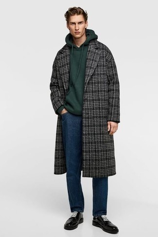 Black and White Plaid Overcoat Outfits: Combining a black and white plaid overcoat and navy jeans is a guaranteed way to inject a refined touch into your wardrobe. A pair of black leather derby shoes immediately levels up any look.