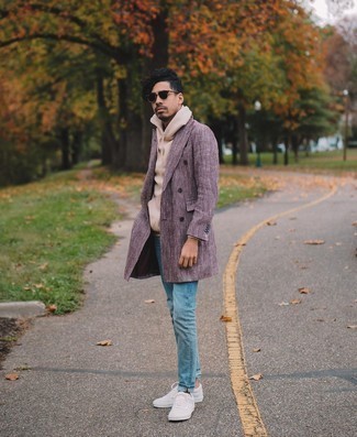 Burgundy Herringbone Overcoat Outfits: Boost your styling game in this combo of a burgundy herringbone overcoat and light blue jeans. Want to go easy in the footwear department? Introduce white canvas low top sneakers to the mix for the day.