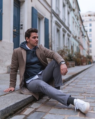 Camel Overcoat Outfits: Teaming a camel overcoat and grey chinos is a fail-safe way to breathe style into your styling routine. Clueless about how to round off? Complete this look with white canvas low top sneakers for a more casual finish.