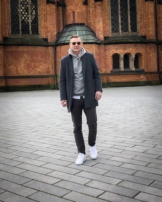 Charcoal Hoodie Outfits For Men: Parade your skills in menswear styling in this off-duty combination of a charcoal hoodie and charcoal chinos. When not sure as to the footwear, add white canvas low top sneakers to the mix.
