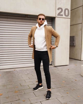 Camel Overcoat Casual Outfits: If you want take your casual style up a notch, consider wearing a camel overcoat and black skinny jeans. Bring a carefree feel to this look by sporting a pair of black and white athletic shoes.