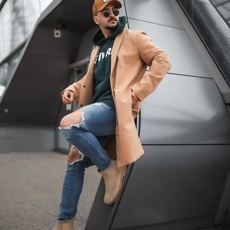 Dark Brown Baseball Cap Outfits For Men: If you're after a bold casual yet dapper outfit, consider pairing a camel overcoat with a dark brown baseball cap. To introduce some extra classiness to your outfit, opt for a pair of beige suede chelsea boots.