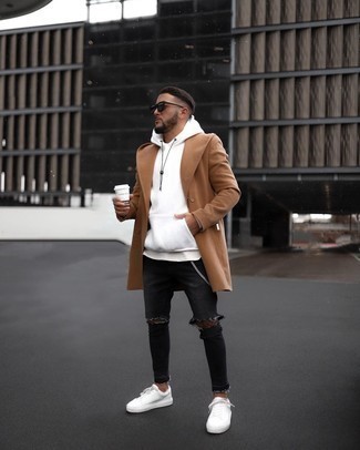 Men's Camel Overcoat, White Hoodie, Charcoal Ripped Skinny Jeans, White Canvas Low Top Sneakers