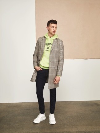 Men's Camel Plaid Overcoat, Green-Yellow Print Hoodie, Navy Skinny Jeans, White Athletic Shoes