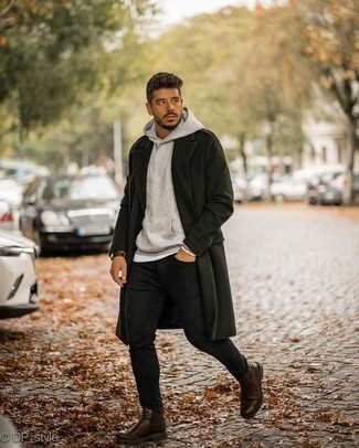 Charcoal Hoodie Outfits For Men: Pair a charcoal hoodie with black skinny jeans to feel confident and look on-trend. Dark brown leather chelsea boots will instantly elevate even the most basic ensemble.